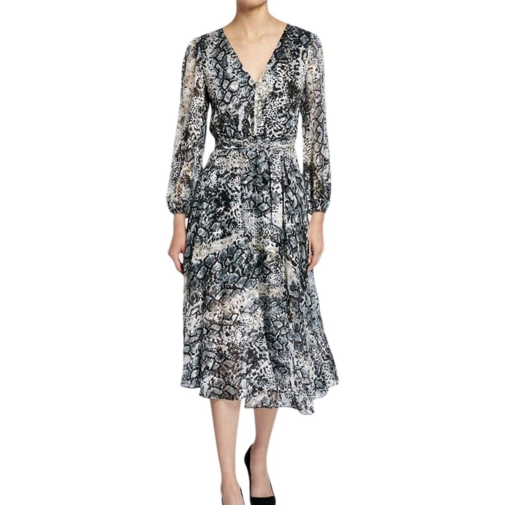 Alice + Olivia Coco Plunging V-Neck Faux‎ Wrap Silk Blend Midi Dress Snakeskin